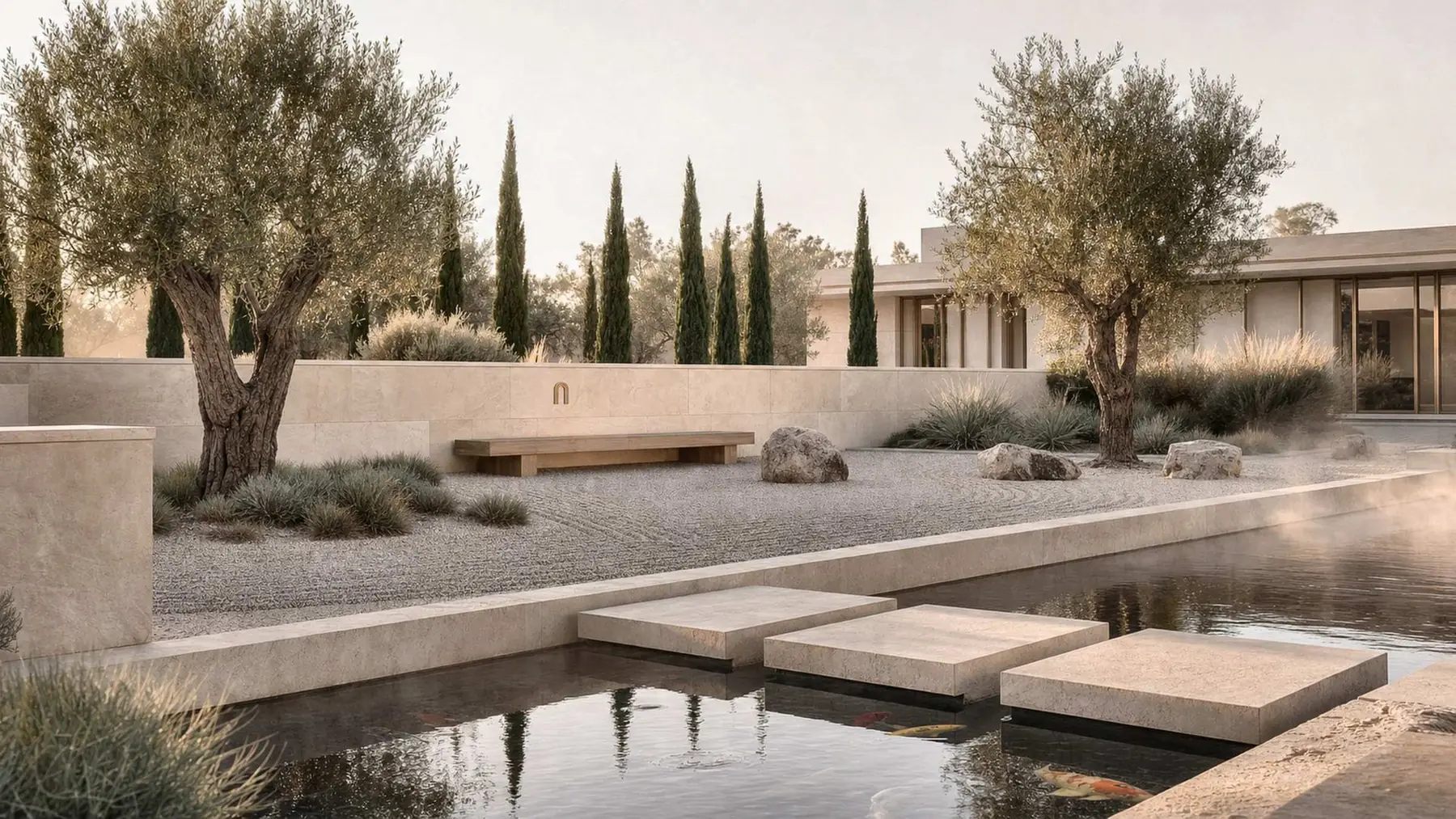 A still-water garden with stepping stones and olive trees